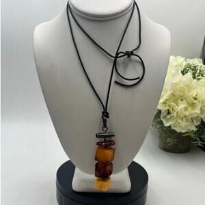 Sterling Silver Vintage Cube Modernist Triple Amber Pendant Black Chord Necklace